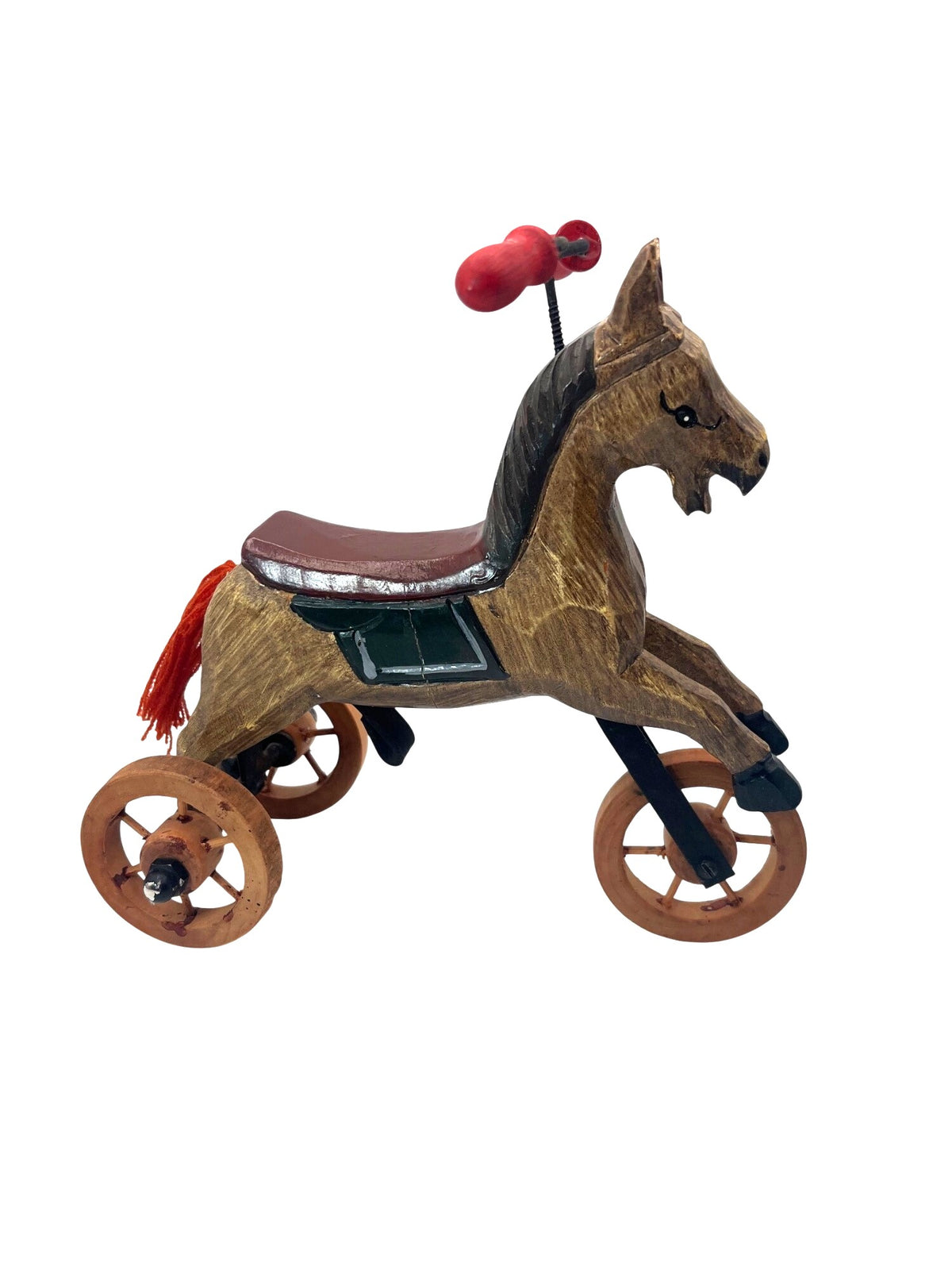 Vintage Folk Art Wooden Horse Tricycle With Red Handlebars & String Tail - Handcrafted Decorative Collectible 7" high