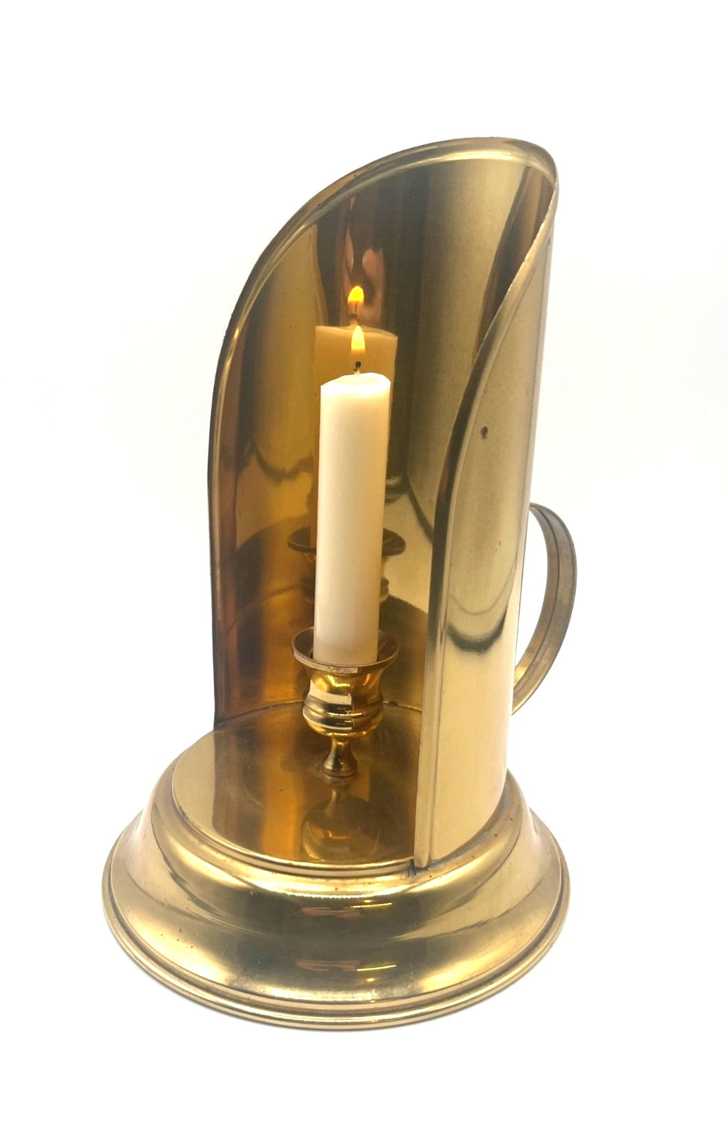 Brass Chamberstick Candle Holder With Reflector Shield & Handle - Vintage Design