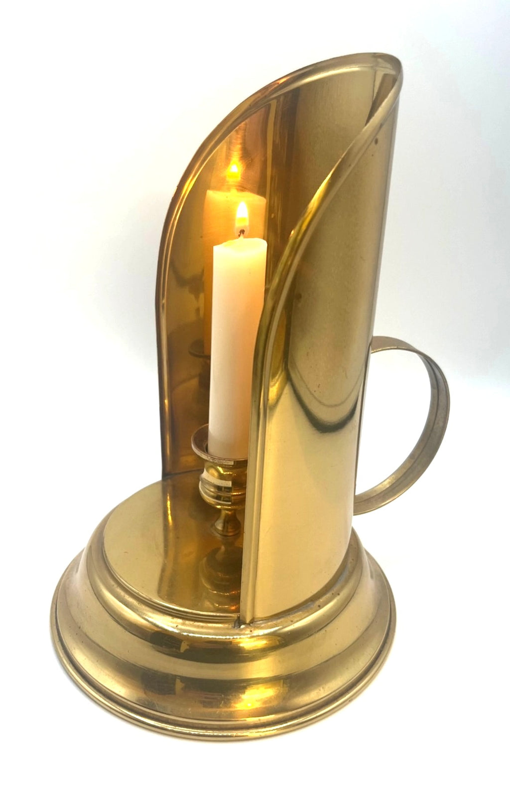 Brass Chamberstick Candle Holder With Reflector Shield & Handle - Vintage Design