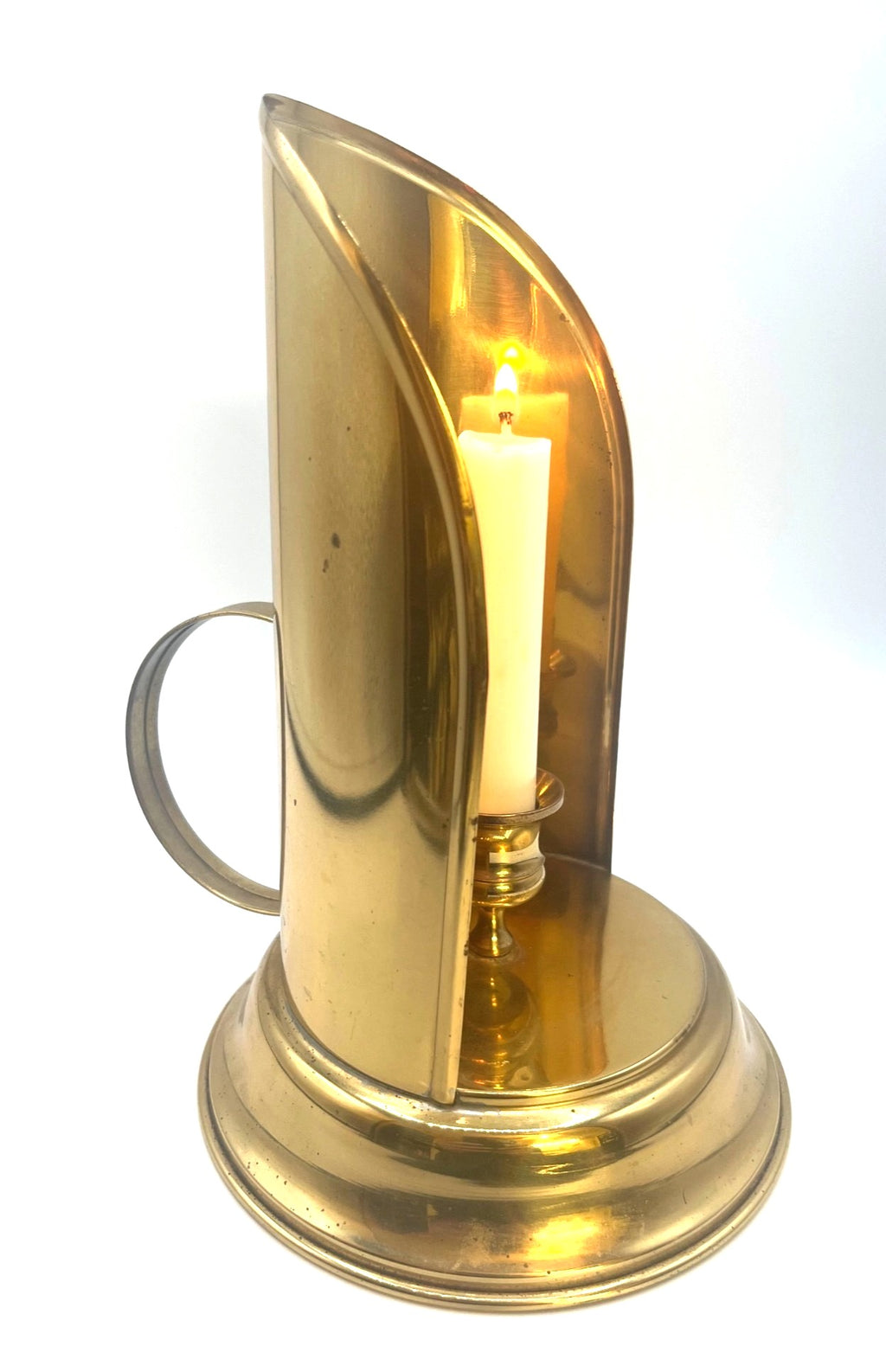 Brass Chamberstick Candle Holder With Reflector Shield & Handle - Vintage Design