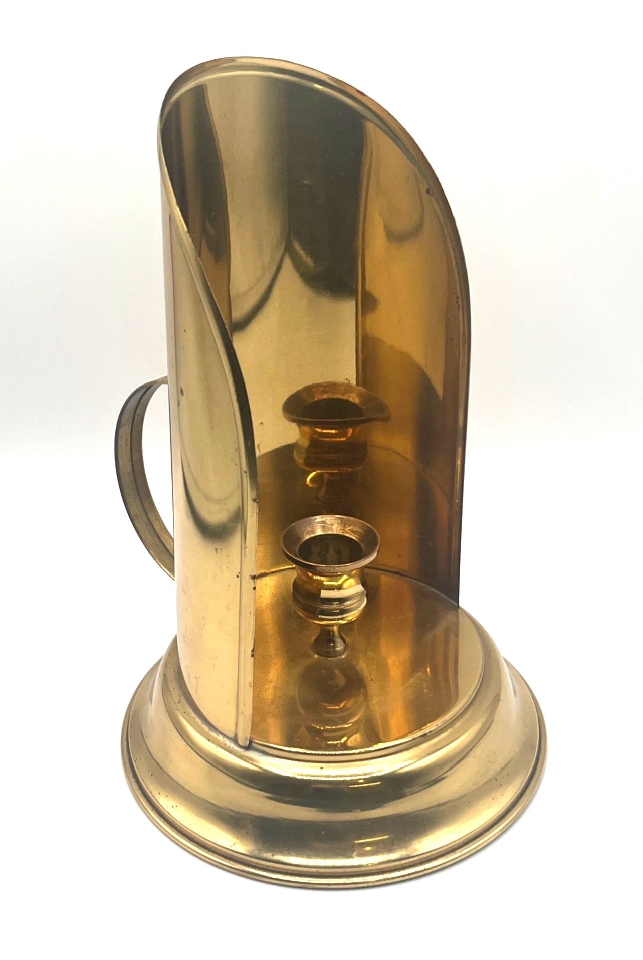Brass Chamberstick Candle Holder With Reflector Shield & Handle - Vintage Design