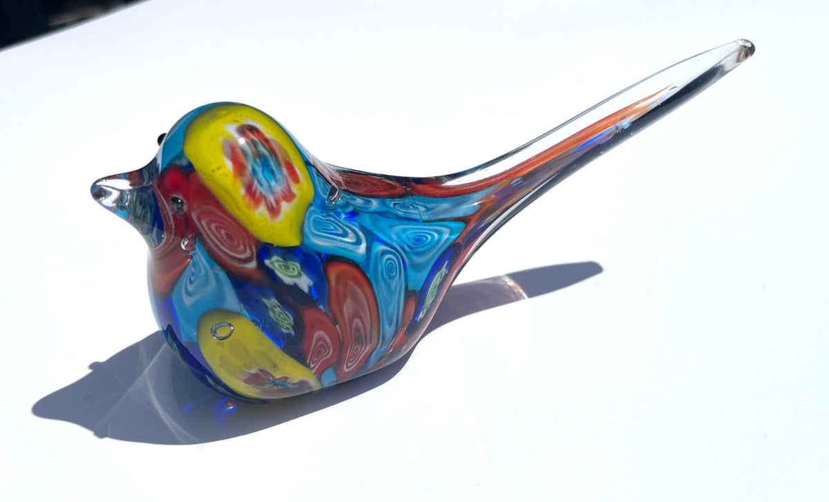 Murano Style Millefiori Glass Bird Figurine With Vibrant Multicolored Design - Handcrafted Art Glass Decor (left eye chipped)