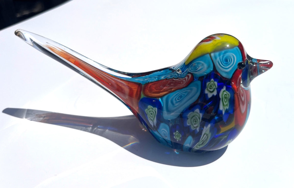 Murano Style Millefiori Glass Bird Figurine With Vibrant Multicolored Design - Handcrafted Art Glass Decor (left eye chipped)