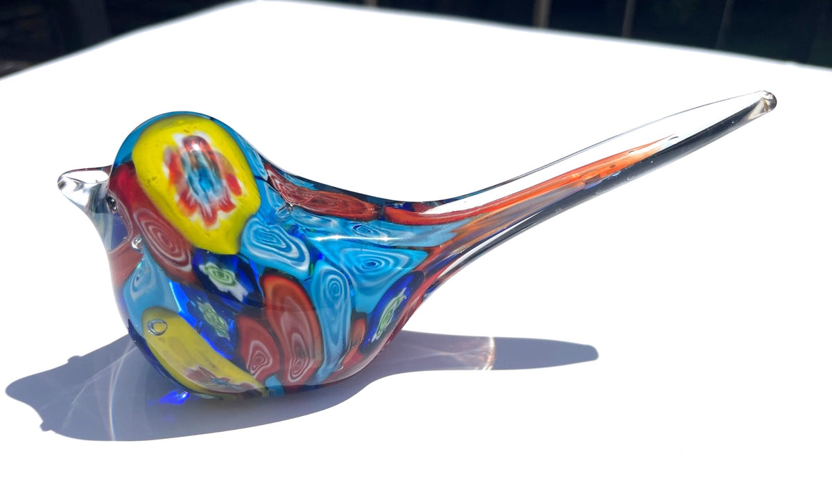 Murano Style Millefiori Glass Bird Figurine With Vibrant Multicolored Design - Handcrafted Art Glass Decor (left eye chipped)