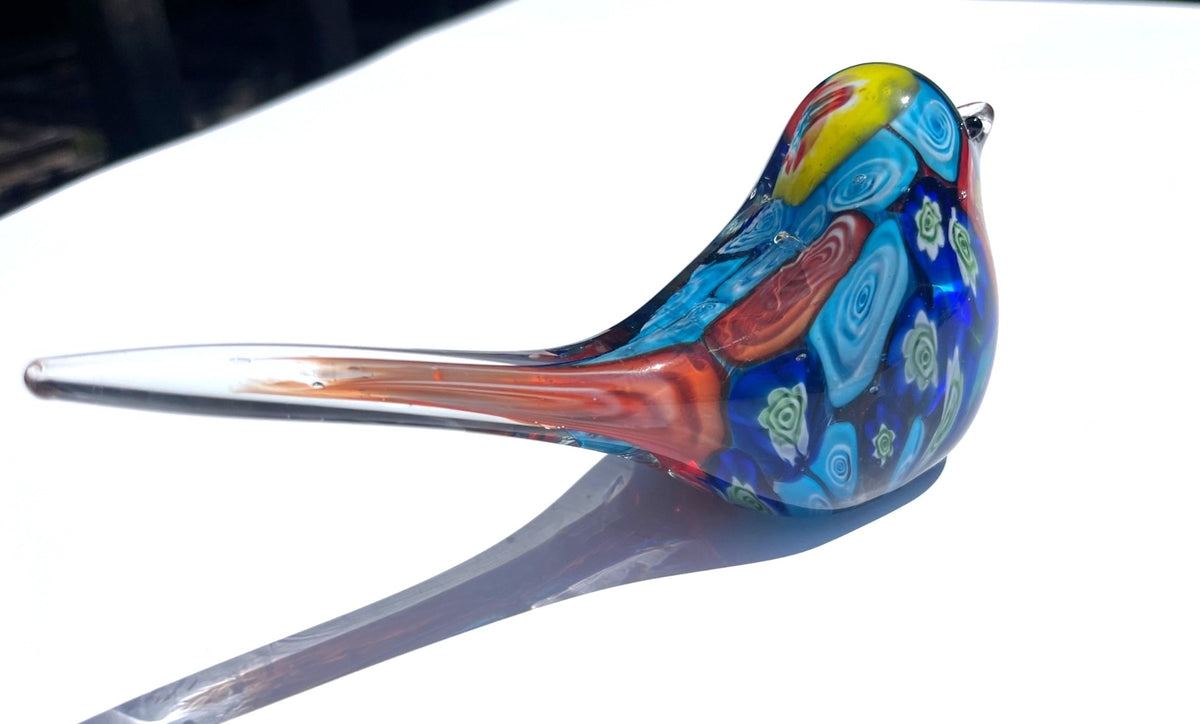 Murano Style Millefiori Glass Bird Figurine With Vibrant Multicolored Design - Handcrafted Art Glass Decor (left eye chipped)