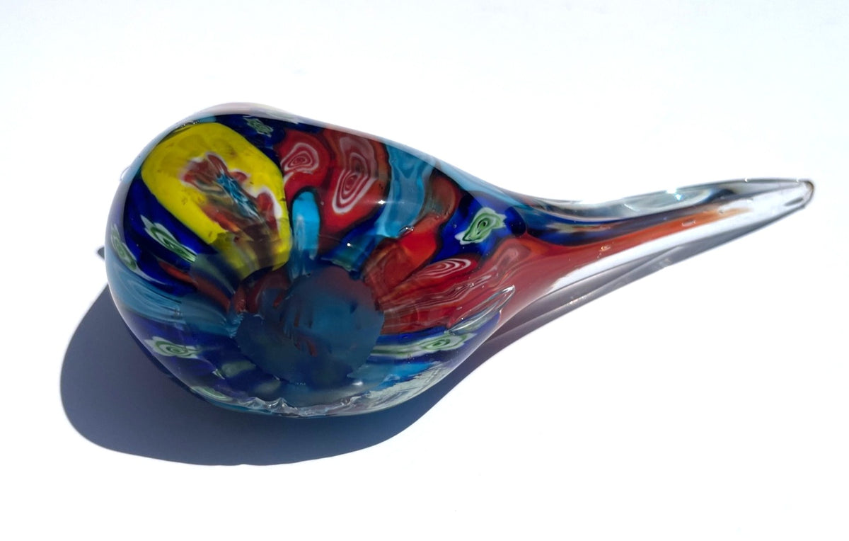 Murano Style Millefiori Glass Bird Figurine With Vibrant Multicolored Design - Handcrafted Art Glass Decor (left eye chipped)