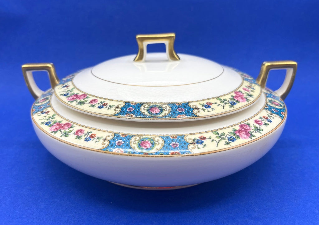Antique Homer Laughlin Kwaker Empress China Dish with Lid Blue Cameo Rose Pattern