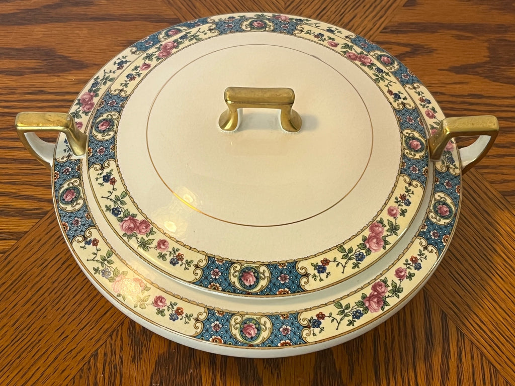 Antique Homer Laughlin Kwaker Empress China Dish with Lid Blue Cameo Rose Pattern