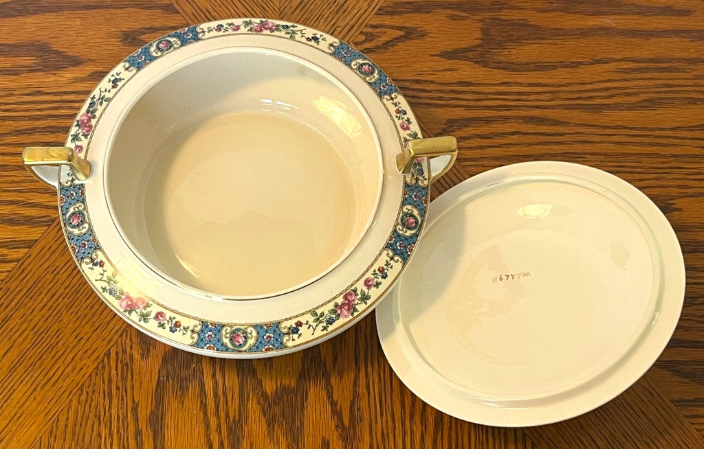 Antique Homer Laughlin Kwaker Empress China Dish with Lid Blue Cameo Rose Pattern