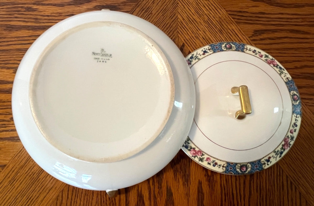 Antique Homer Laughlin Kwaker Empress China Dish with Lid Blue Cameo Rose Pattern