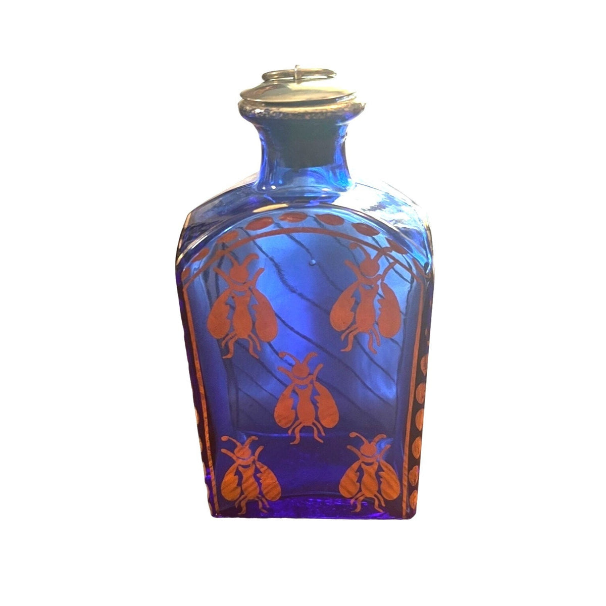 Vintage Cobalt Blue Glass Bottle With Gold Insect Design and Brass Stopper Made In Portugal