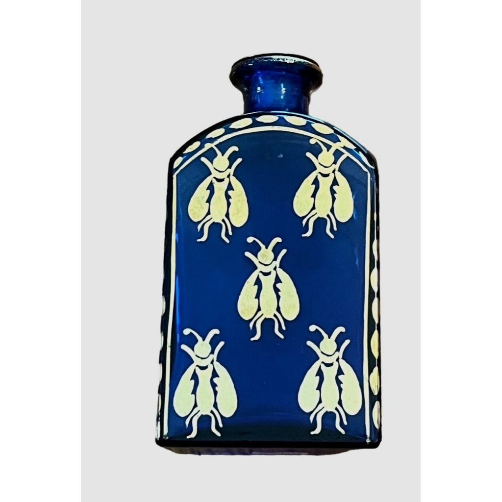 Vintage Cobalt Blue Glass Bottle With Gold Insect Design and Brass Stopper Made In Portugal