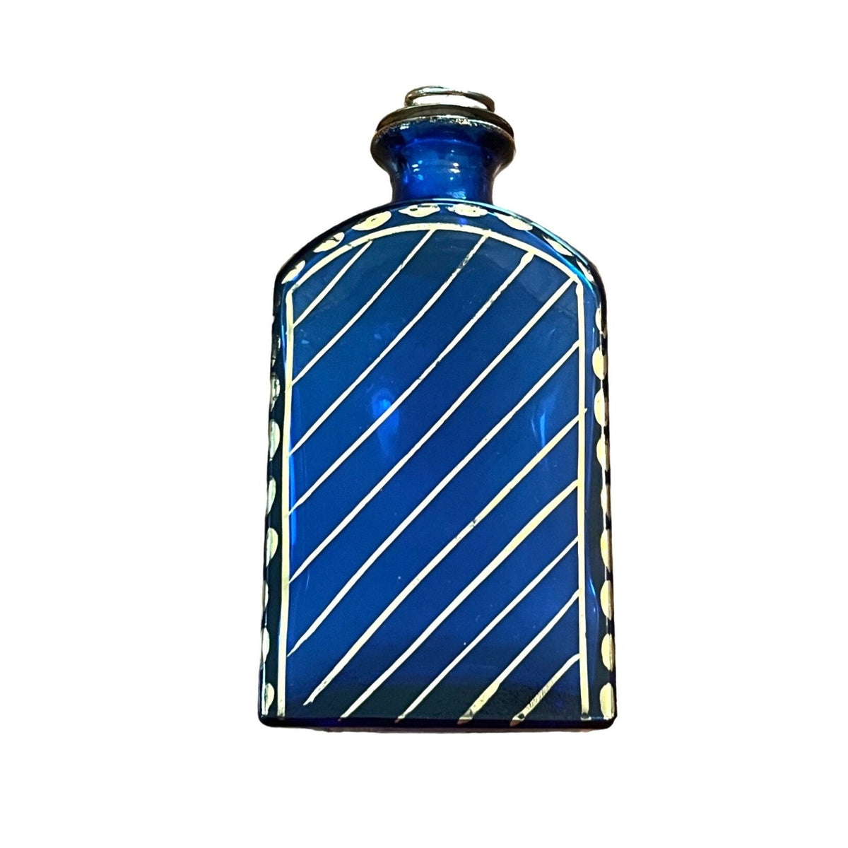 Vintage Cobalt Blue Glass Bottle With Gold Insect Design and Brass Stopper Made In Portugal