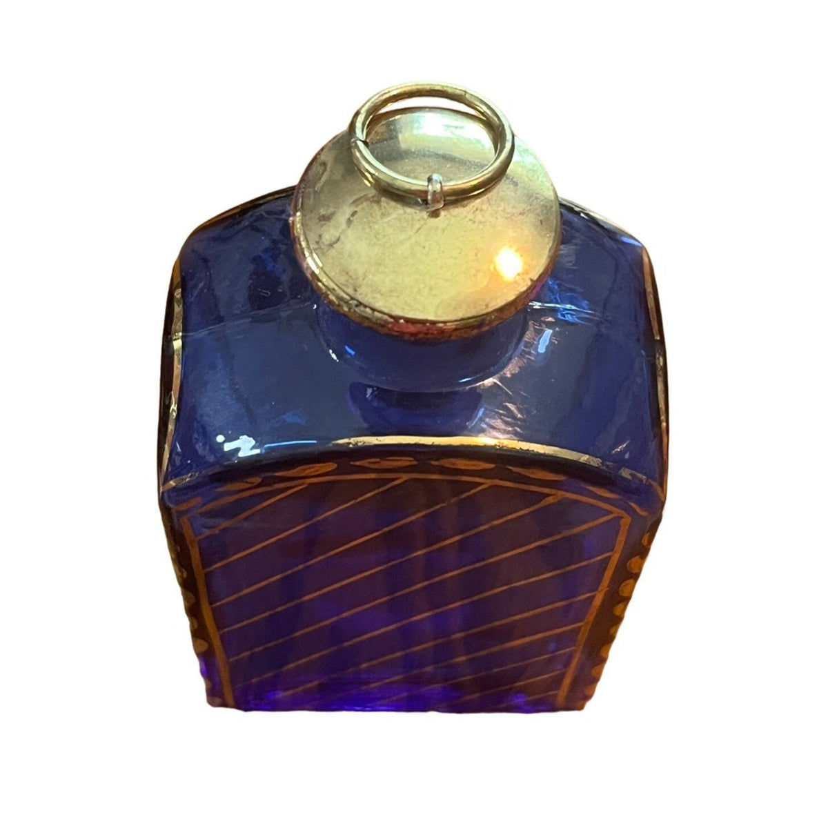 Vintage Cobalt Blue Glass Bottle With Gold Insect Design and Brass Stopper Made In Portugal