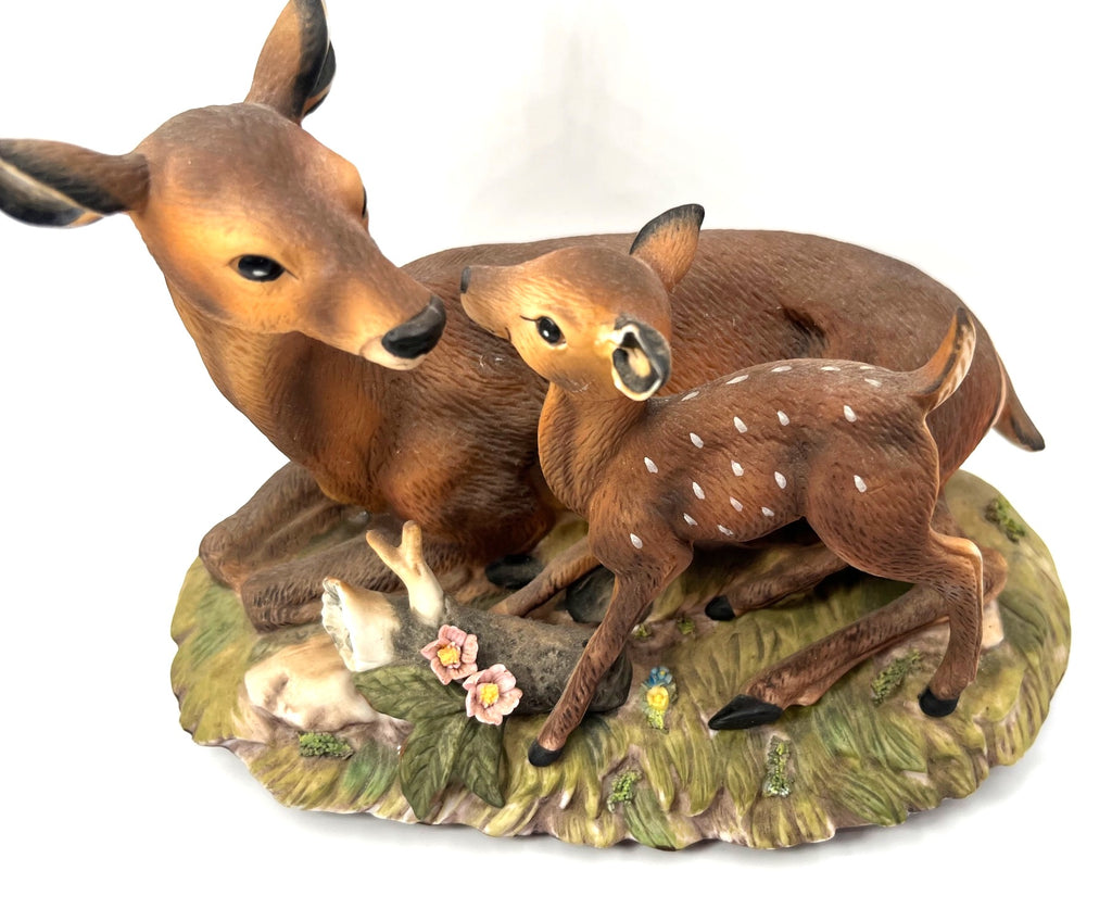 Deer & Fawn Figurine Sculpture Masterpiece Porcelain by Homco Hand-Painted Wildlife Home Decor Display 7.5" Nature Scene