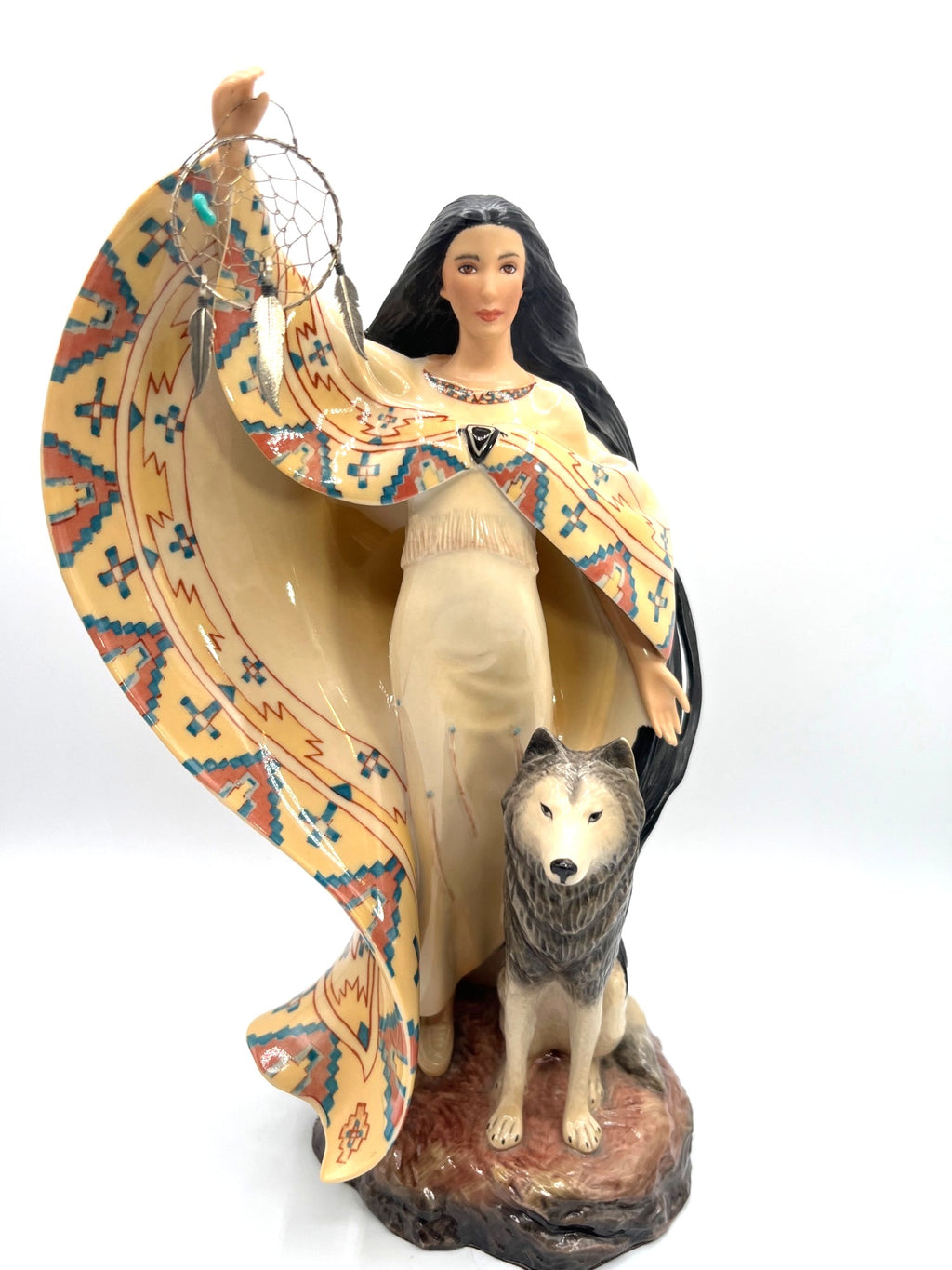 The Dreamcatcher Native American Woman Figurine With Wolf by Jo Anne Bird for Franklin Mint - 11.5" Tall