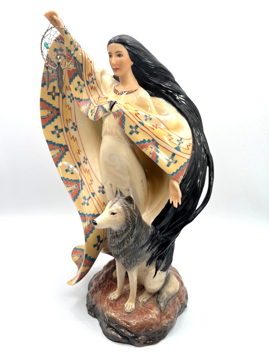 The Dreamcatcher Native American Woman Figurine With Wolf by Jo Anne Bird for Franklin Mint - 11.5" Tall