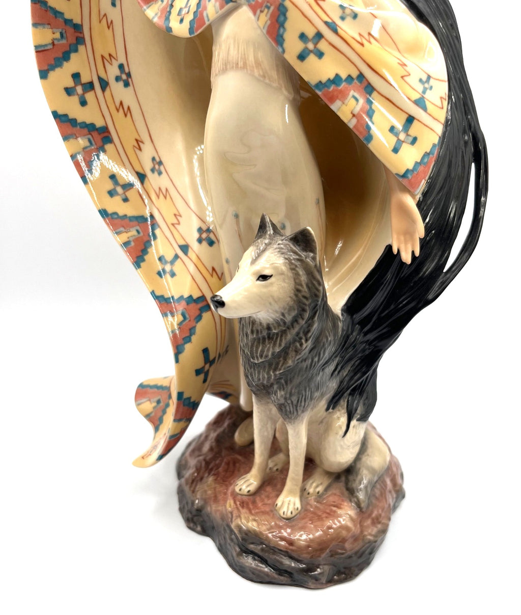 The Dreamcatcher Native American Woman Figurine With Wolf by Jo Anne Bird for Franklin Mint - 11.5" Tall