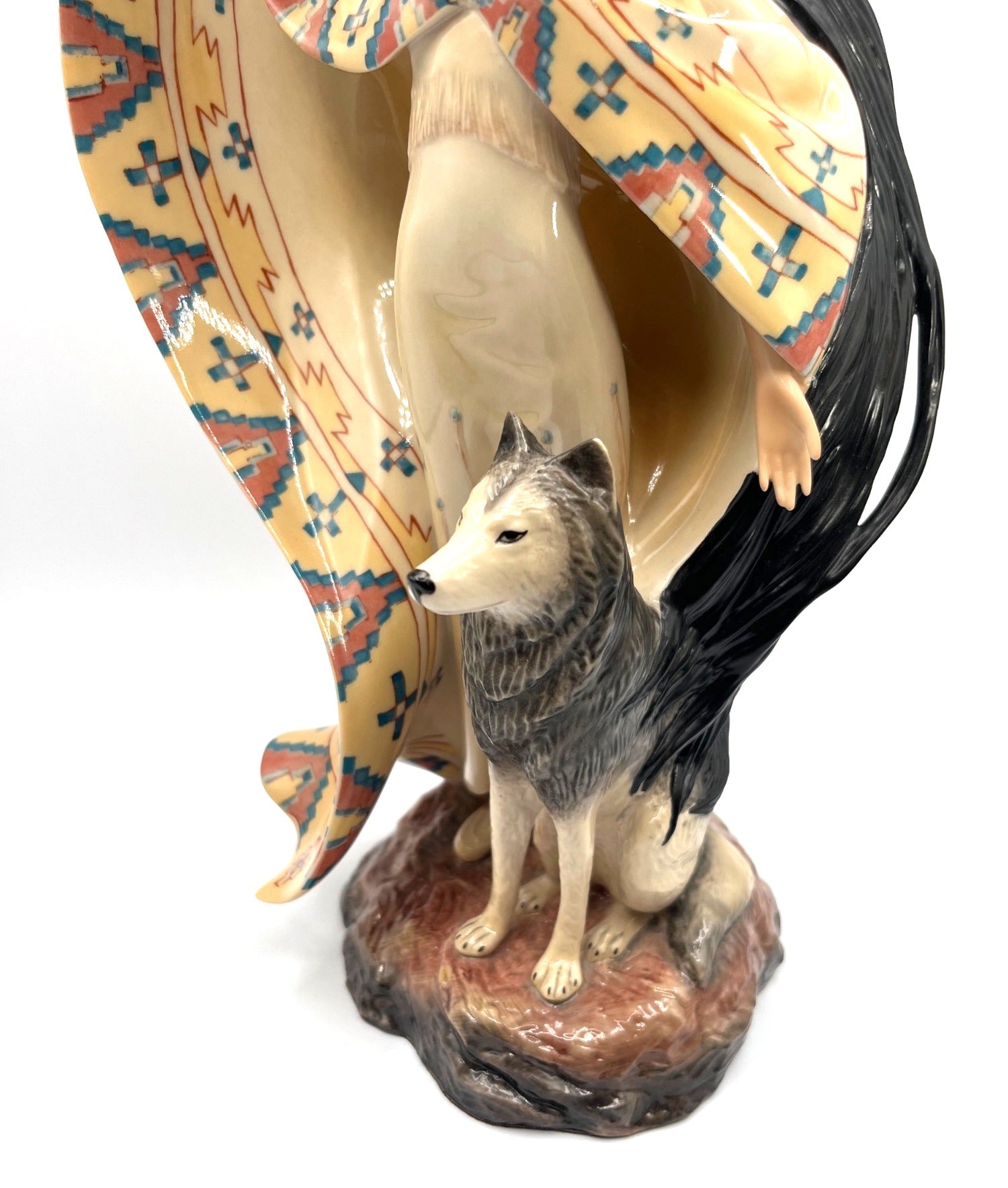 The Dreamcatcher Native American Woman Figurine With Wolf by Jo Anne Bird for Franklin Mint - 11.5" Tall