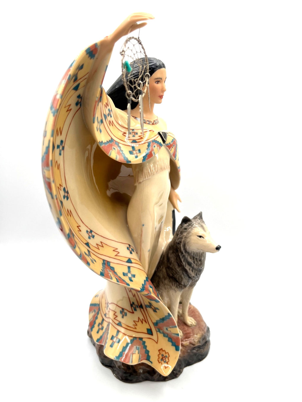 The Dreamcatcher Native American Woman Figurine With Wolf by Jo Anne Bird for Franklin Mint - 11.5" Tall