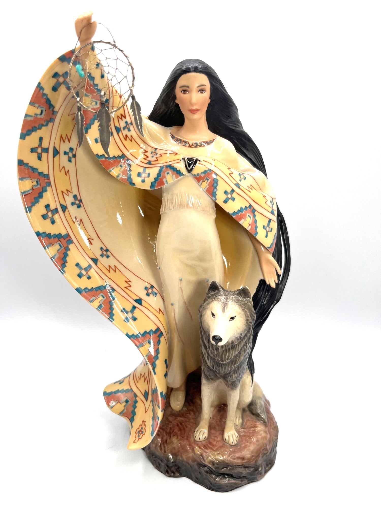 The Dreamcatcher Native American Woman Figurine With Wolf by Jo Anne Bird for Franklin Mint - 11.5" Tall