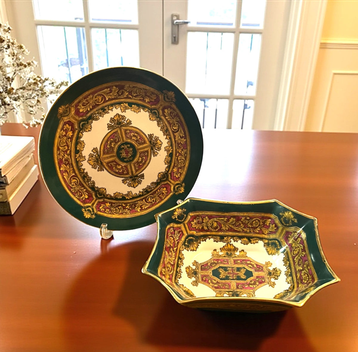 Vintage Andrea by Sedak Porcelain Decorative Plate and Bowl Intricate Gold & Burgundy Design Green Accents Elegant