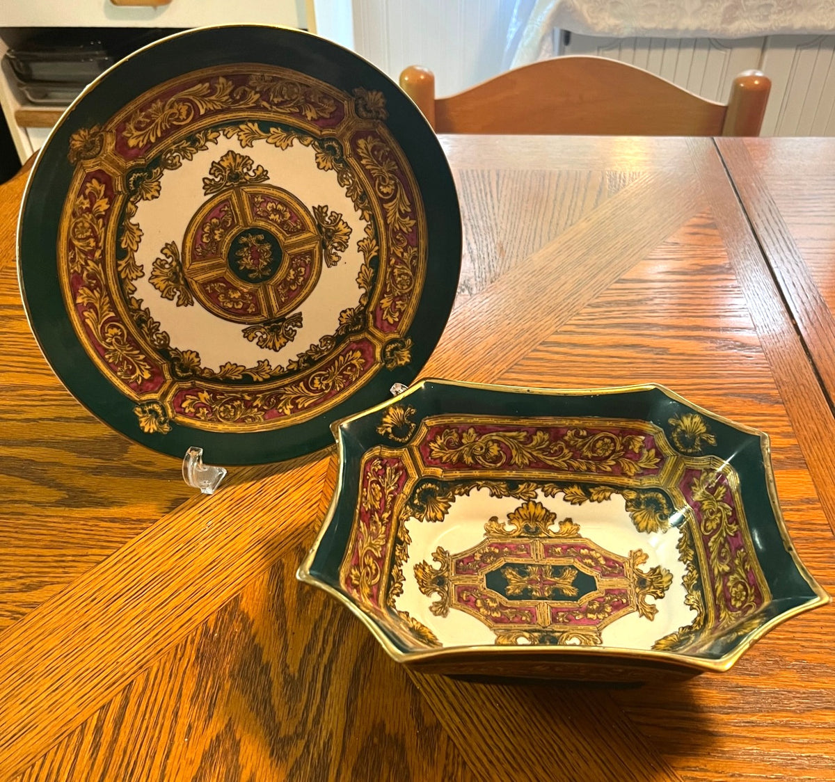 Vintage Andrea by Sedak Porcelain Decorative Plate and Bowl Intricate Gold & Burgundy Design Green Accents Elegant