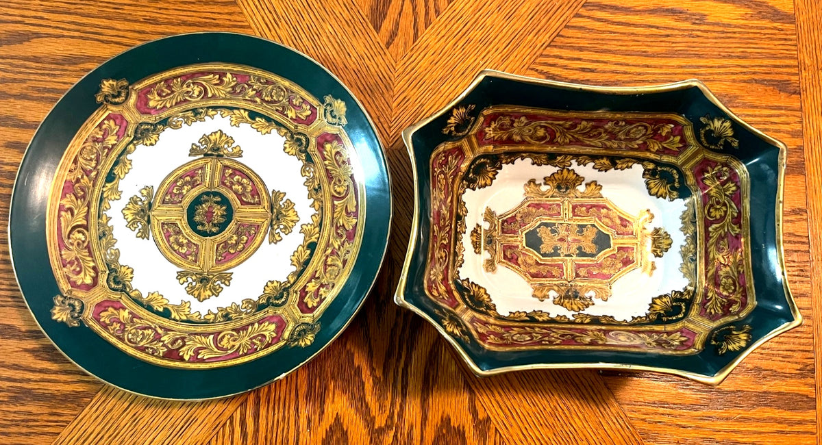 Vintage Andrea by Sedak Porcelain Decorative Plate and Bowl Intricate Gold & Burgundy Design Green Accents Elegant