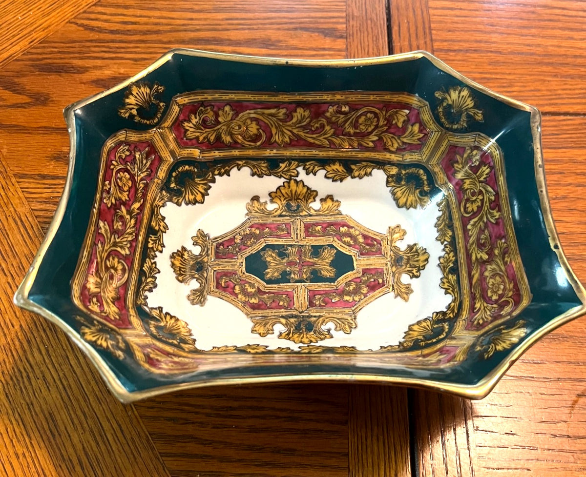 Vintage Andrea by Sedak Porcelain Decorative Plate and Bowl Intricate Gold & Burgundy Design Green Accents Elegant