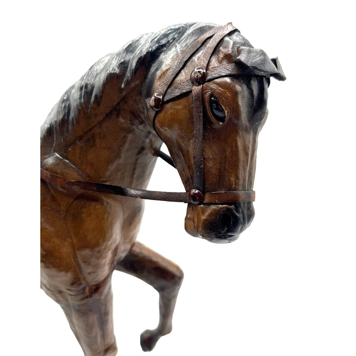 Handcrafted Leather Covered Horse Figurine With Saddle & Bridle 12"