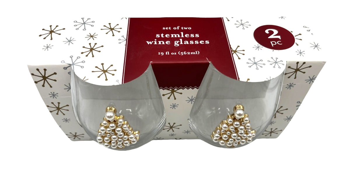 Set Of Two Stemless Wine Glasses With Faux Pearl & Gold Christmas Tree Decoration 19 fl oz