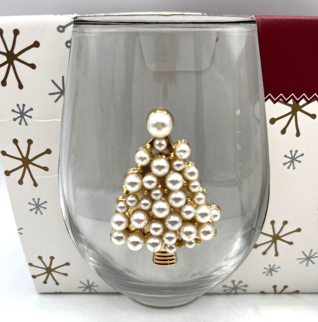 Set Of Two Stemless Wine Glasses With Faux Pearl & Gold Christmas Tree Decoration 19 fl oz