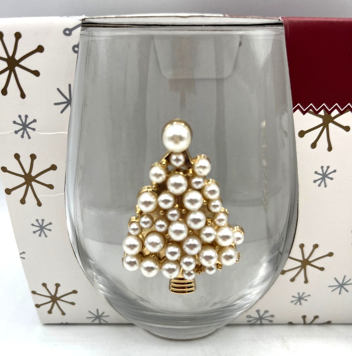 Set Of Two Stemless Wine Glasses With Faux Pearl & Gold Christmas Tree Decoration 19 fl oz