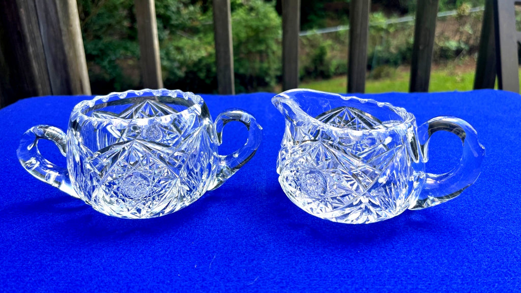 Antique American Brilliant Crystal Creamer & Sugar Bowl Set With Intricate Starburst Pattern
