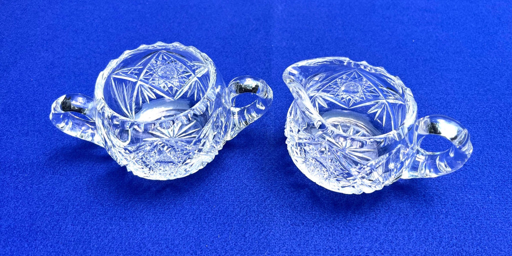 Antique American Brilliant Crystal Creamer & Sugar Bowl Set With Intricate Starburst Pattern