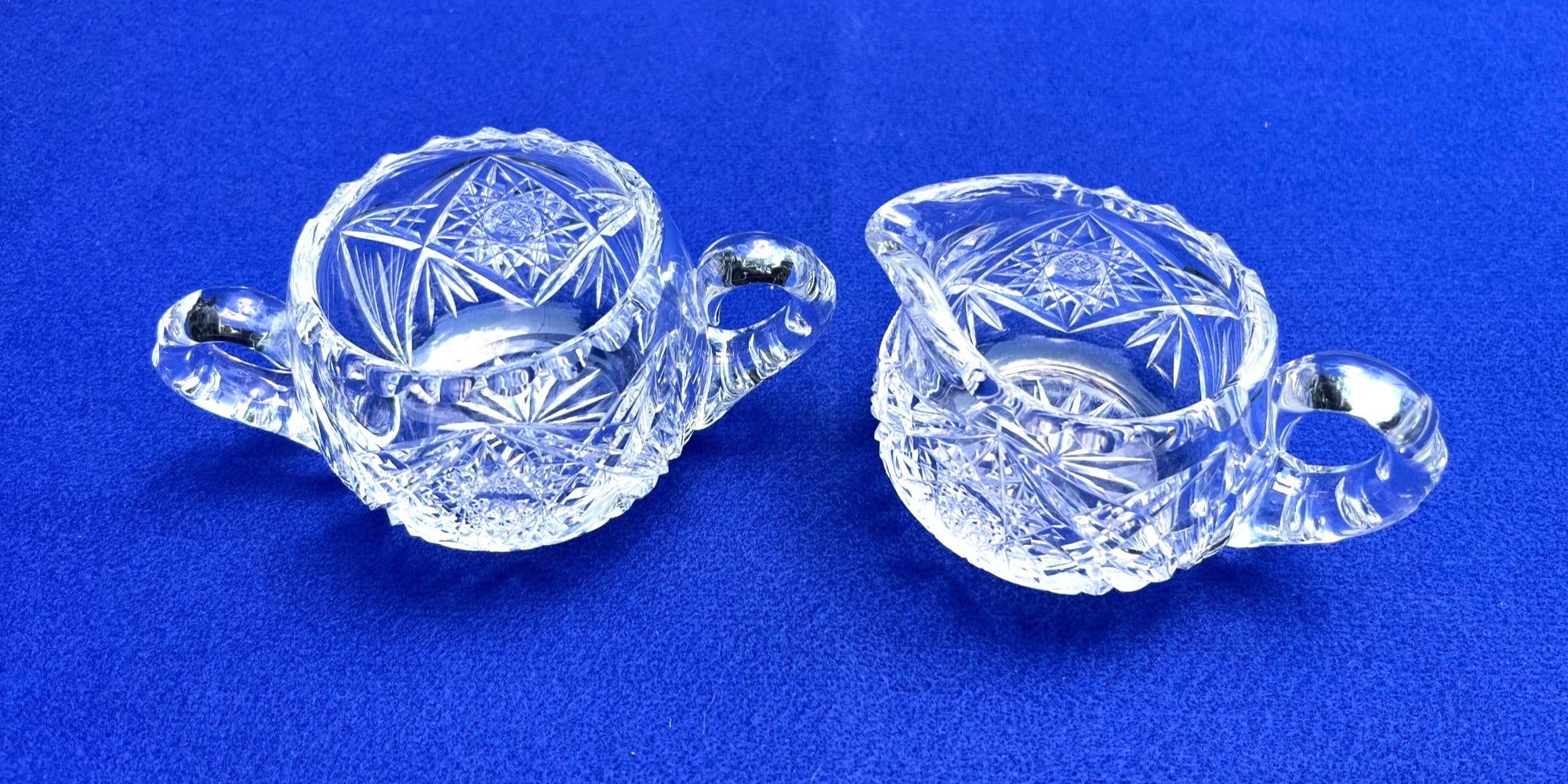Antique American Brilliant Crystal Creamer & Sugar Bowl Set With Intricate Starburst Pattern