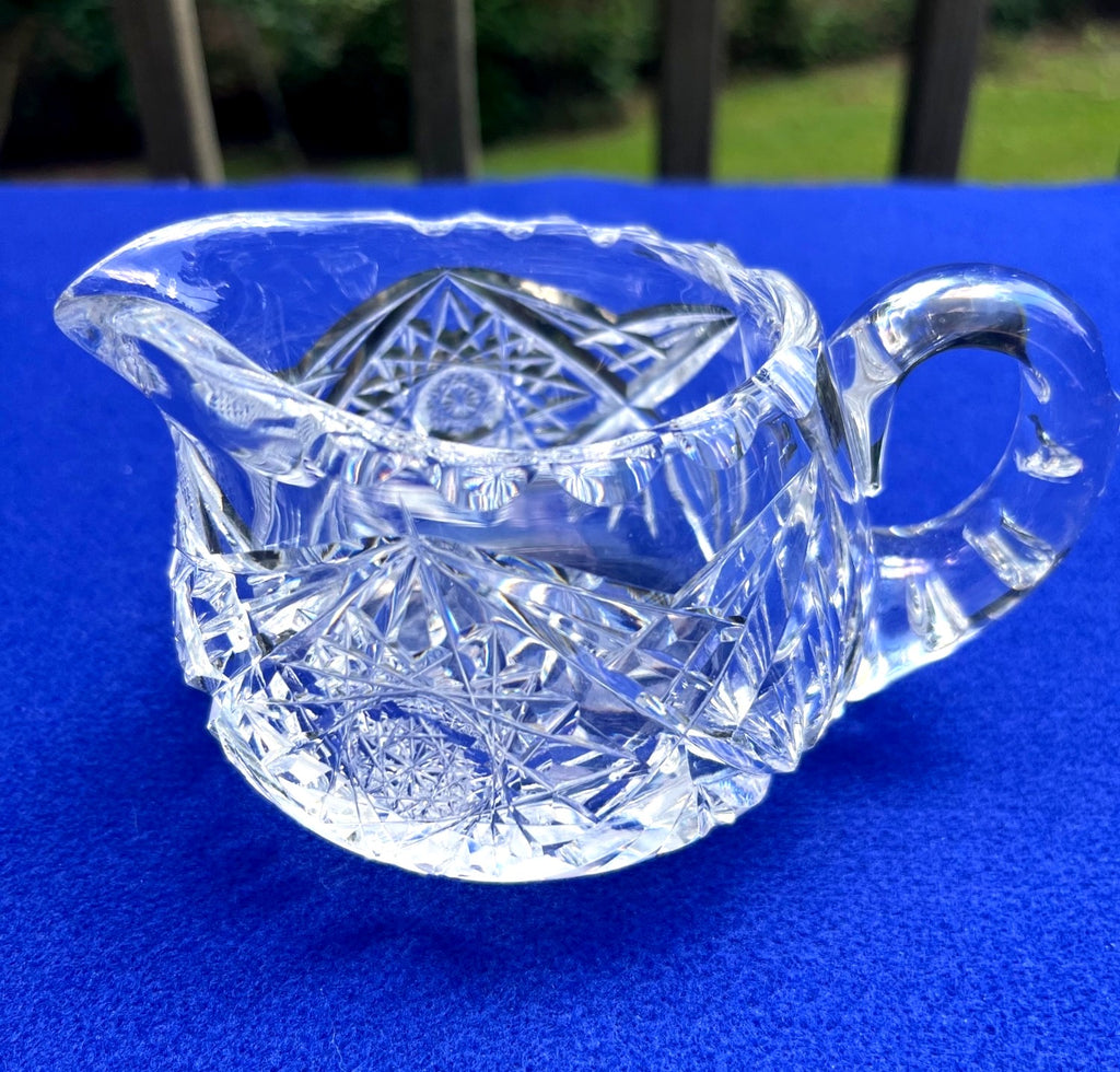 Antique American Brilliant Crystal Creamer & Sugar Bowl Set With Intricate Starburst Pattern