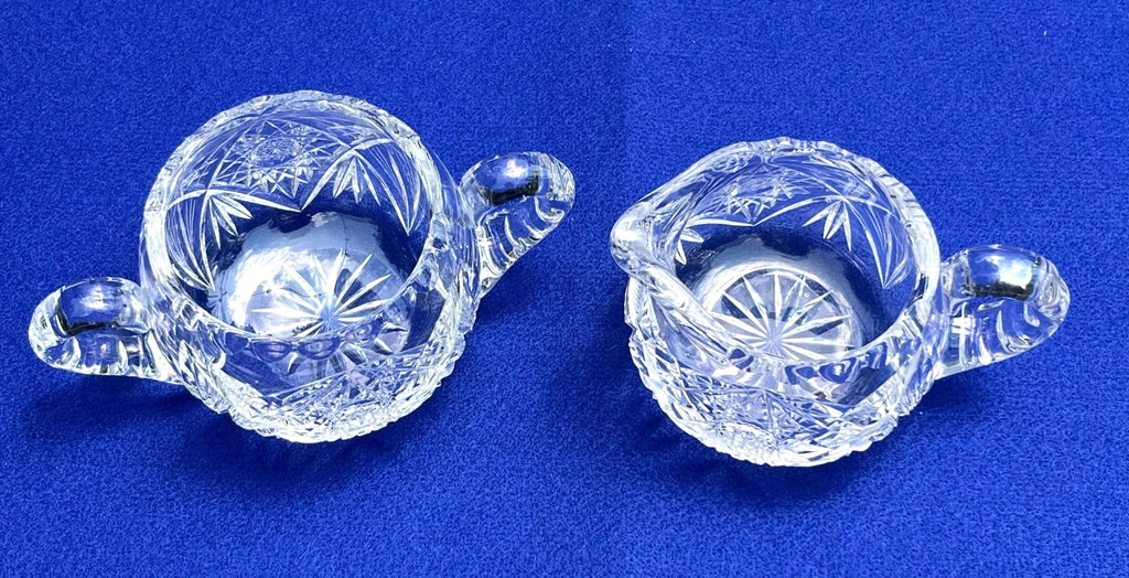Antique American Brilliant Crystal Creamer & Sugar Bowl Set With Intricate Starburst Pattern