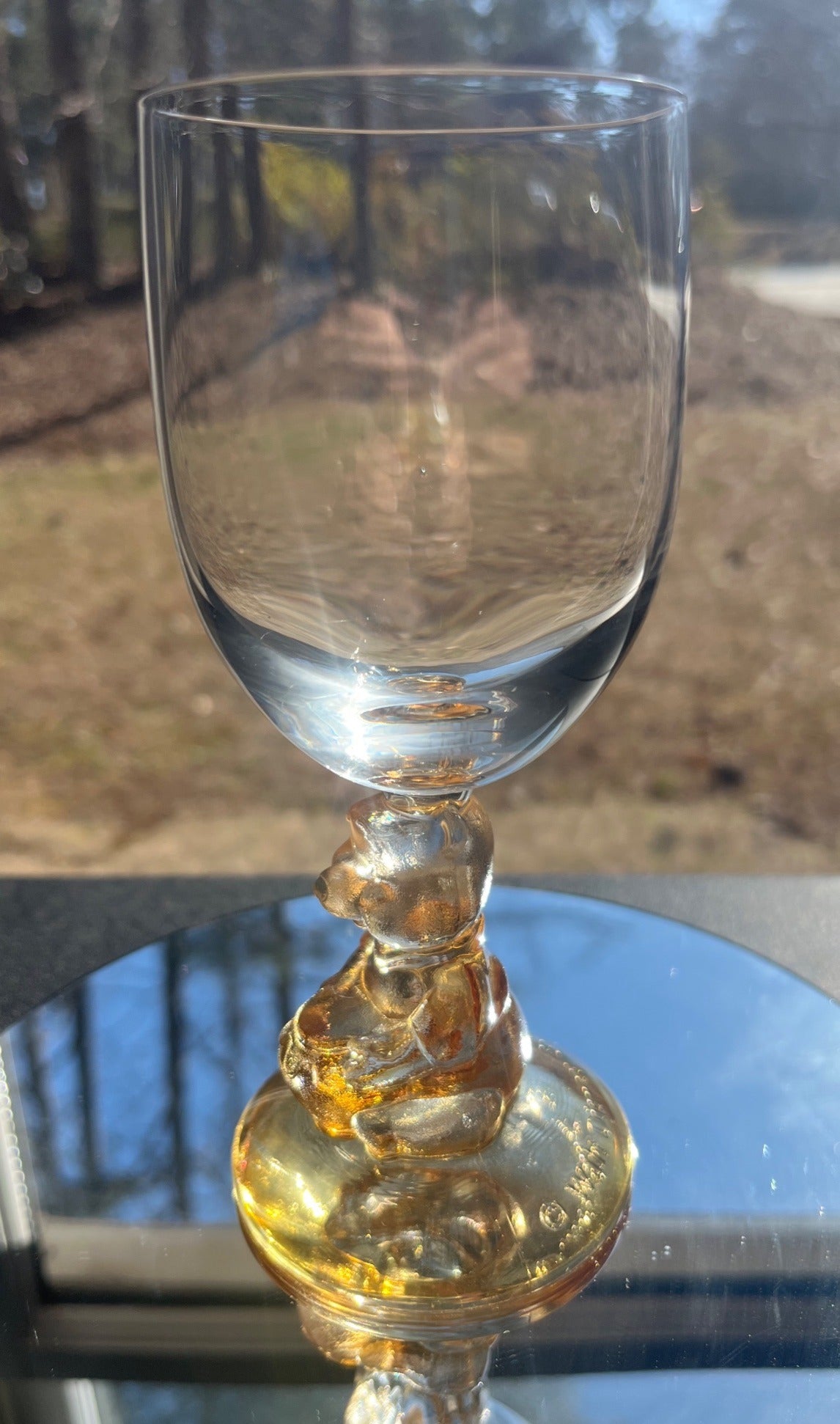 Walt Disney Winnie the Pooh Goblet Glass Clear Bowl Amber Pooh and Hunny Pot 6.25" tall