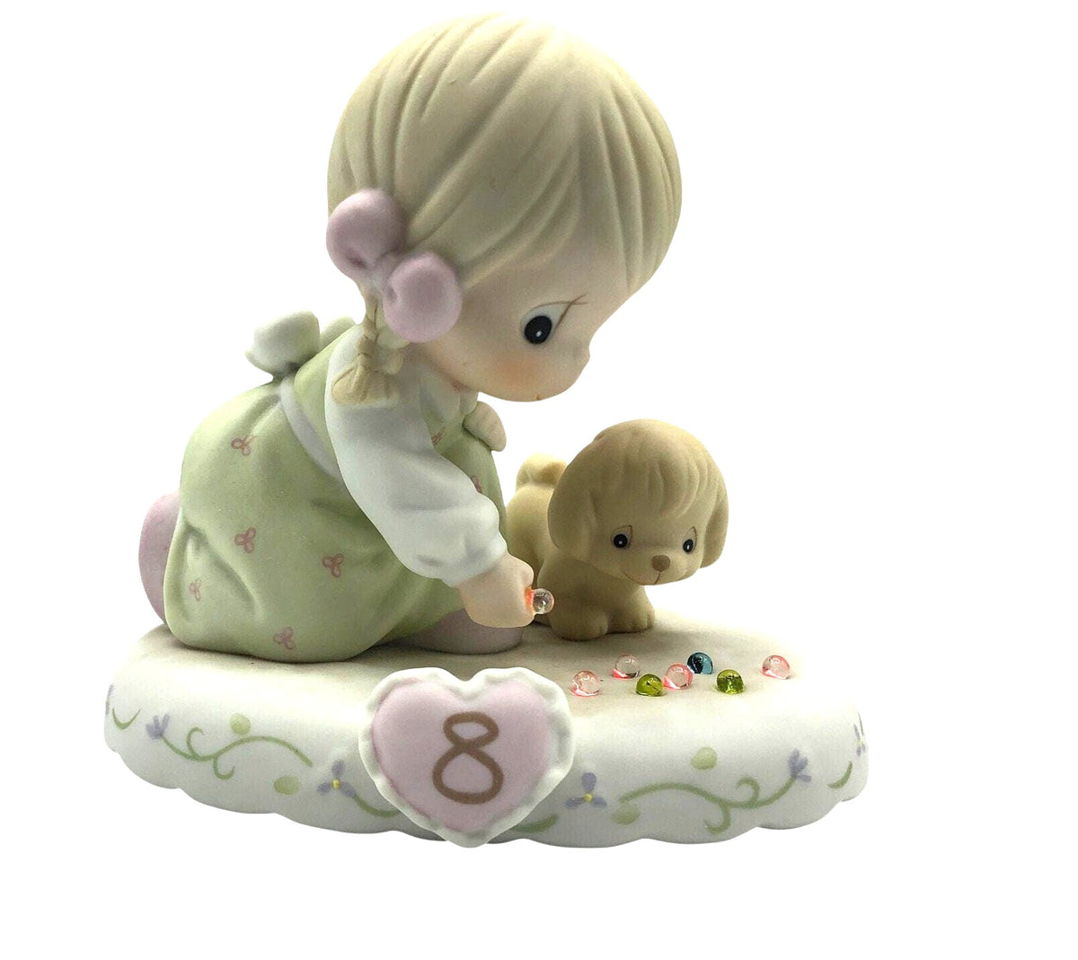 Vintage Precious Moments Growing in Grace, Age 8.  Sweet little girl and cute puppy playing with 8 colorful marbles.  Excellent Condition.