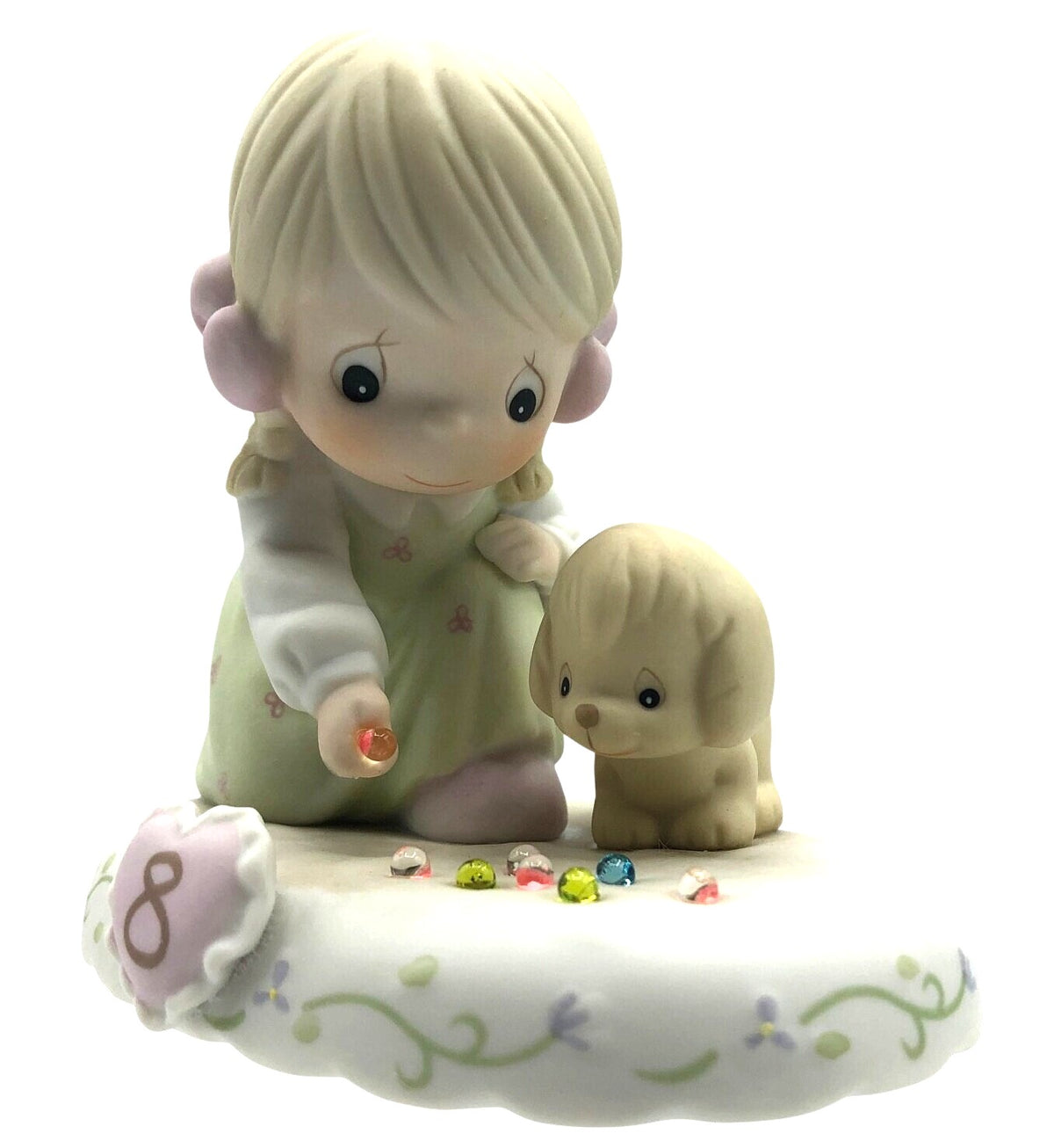 Vintage Precious Moments Growing in Grace, Age 8.  Sweet little girl and cute puppy playing with 8 colorful marbles.  Excellent Condition.