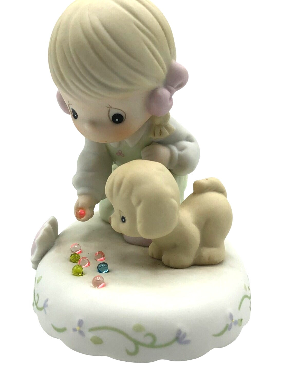 Vintage Precious Moments Growing in Grace, Age 8.  Sweet little girl and cute puppy playing with 8 colorful marbles.  Excellent Condition.