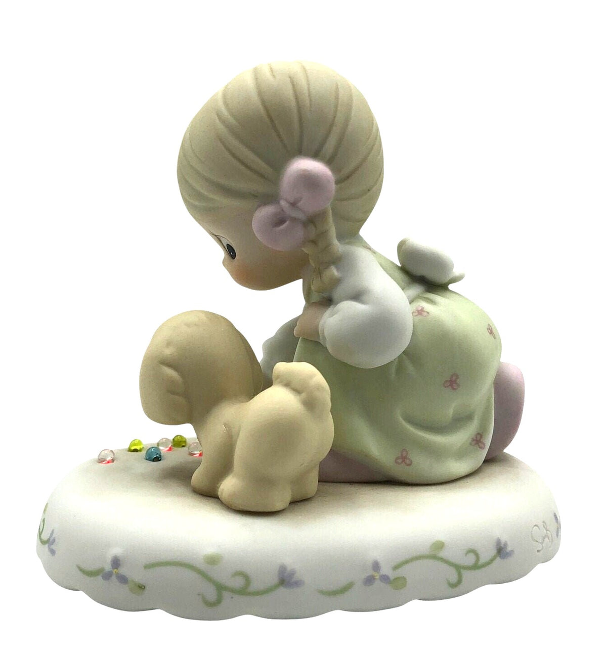 Vintage Precious Moments Growing in Grace, Age 8.  Sweet little girl and cute puppy playing with 8 colorful marbles.  Excellent Condition.