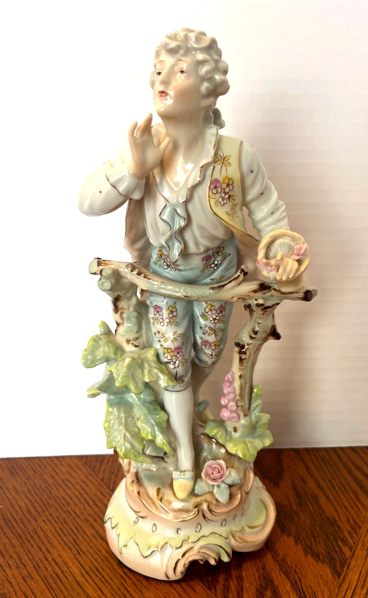 Antique Arnart Porcelain Figurine Of Victorian Boy With Flower Basket 10" Tall