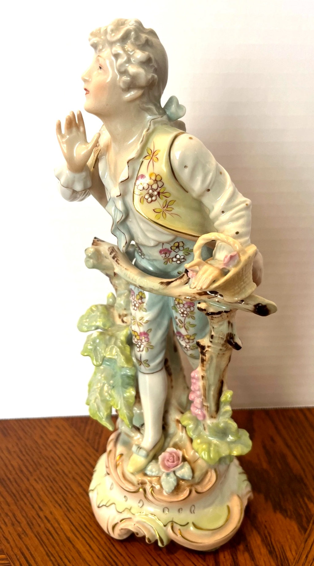 Antique Arnart Porcelain Figurine Of Victorian Boy With Flower Basket 10" Tall