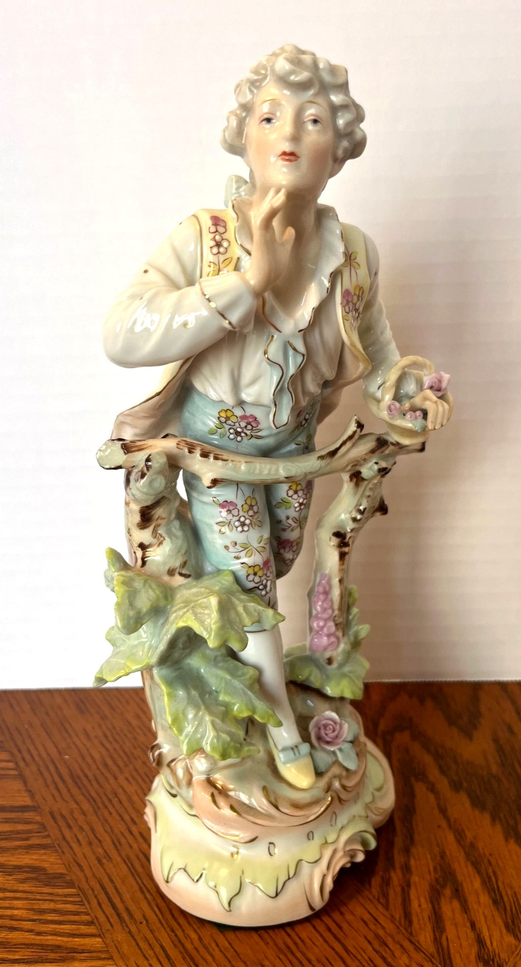 Antique Arnart Porcelain Figurine Of Victorian Boy With Flower Basket 10" Tall