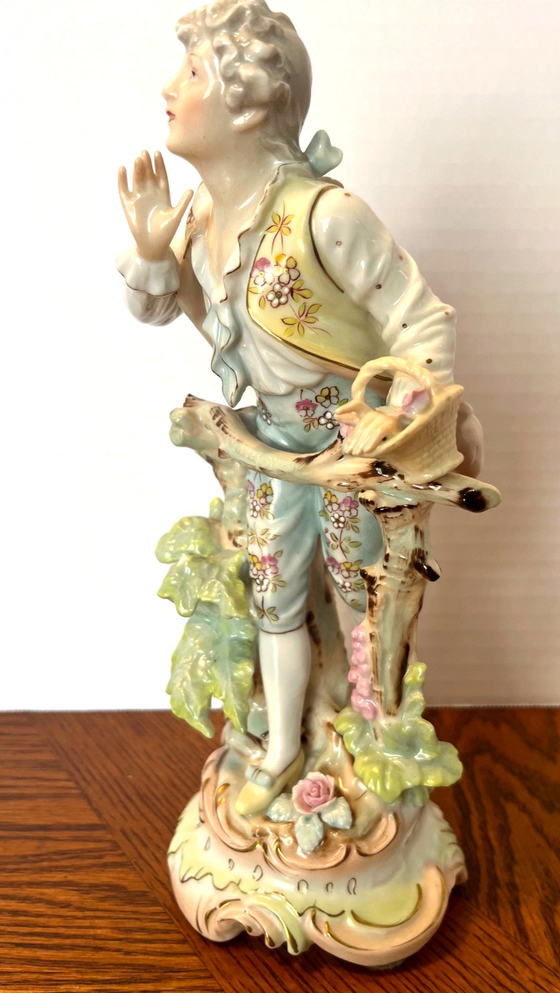 Antique Arnart Porcelain Figurine Of Victorian Boy With Flower Basket 10" Tall
