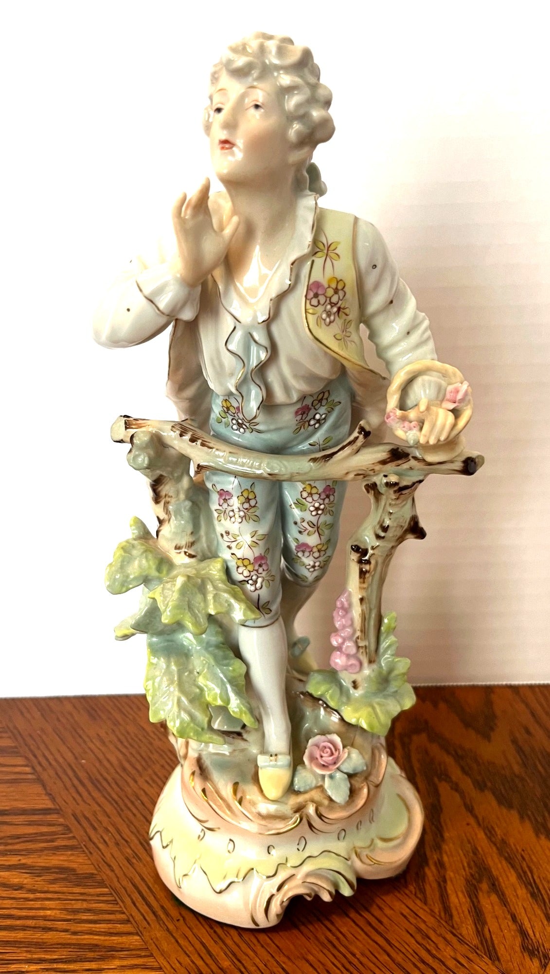 Antique Arnart Porcelain Figurine Of Victorian Boy With Flower Basket 10" Tall