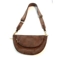 Sondra Roberts New York Brown Genuine Suede Crossbody Belt Bag With Adjustable Strap & Brass Hardware