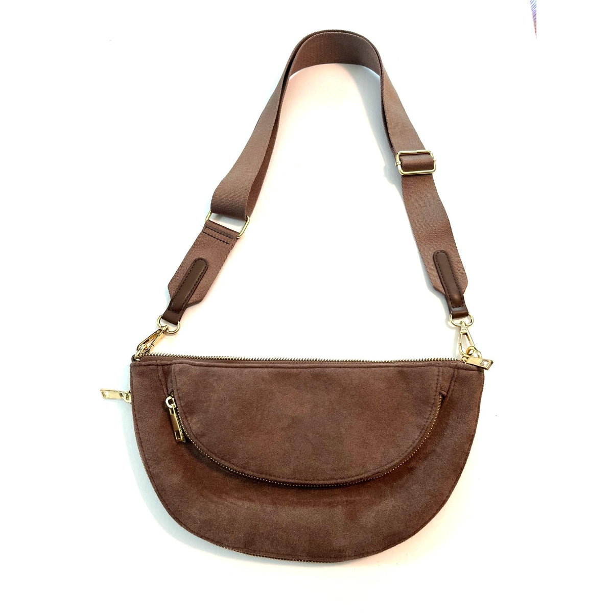 Sondra Roberts New York Brown Genuine Suede Crossbody Belt Bag With Adjustable Strap & Brass Hardware